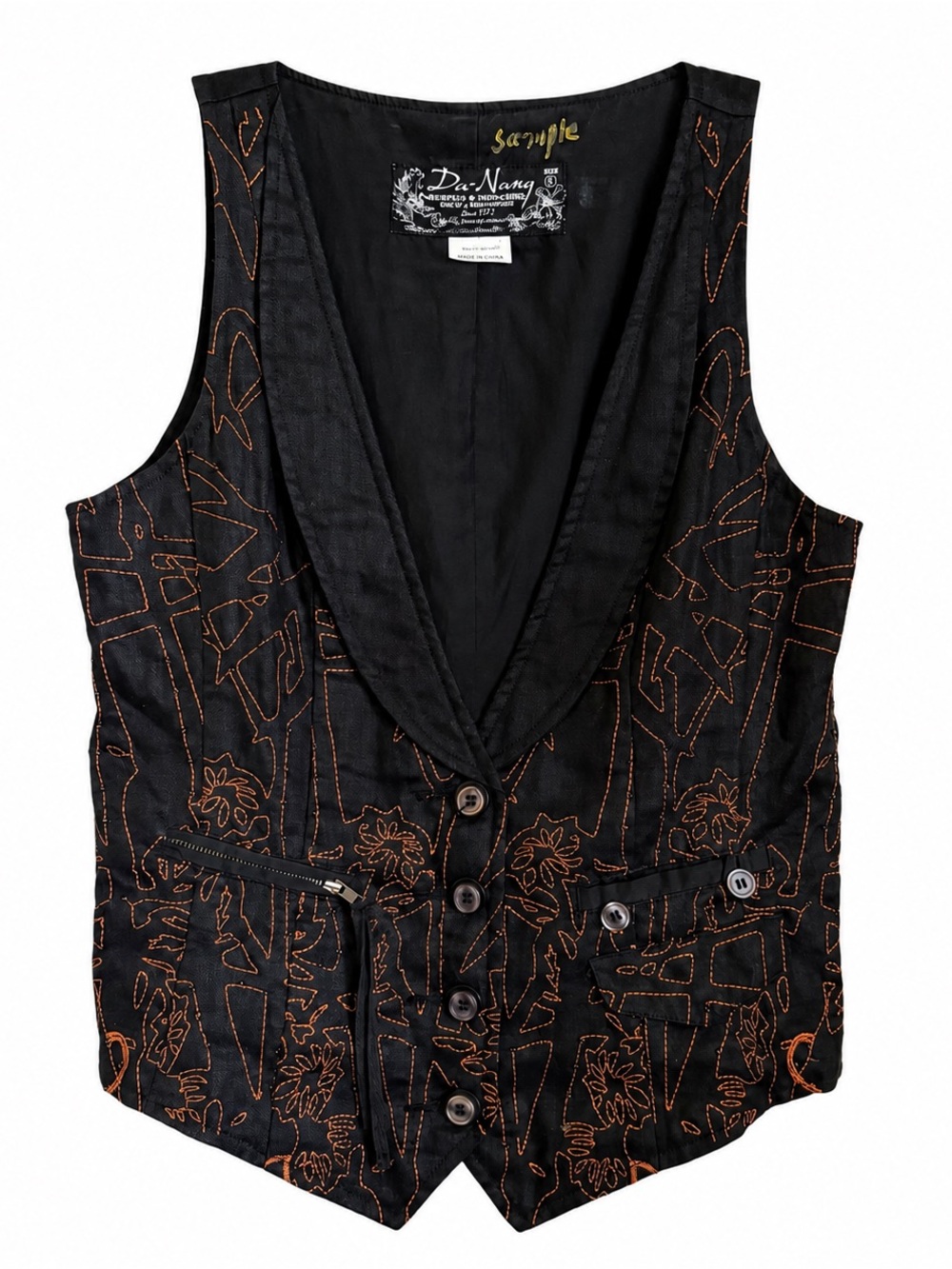Da-Nang Sample Piece Vest Black Embroidered Utility‎ Waistcoat Archive Y2K Small